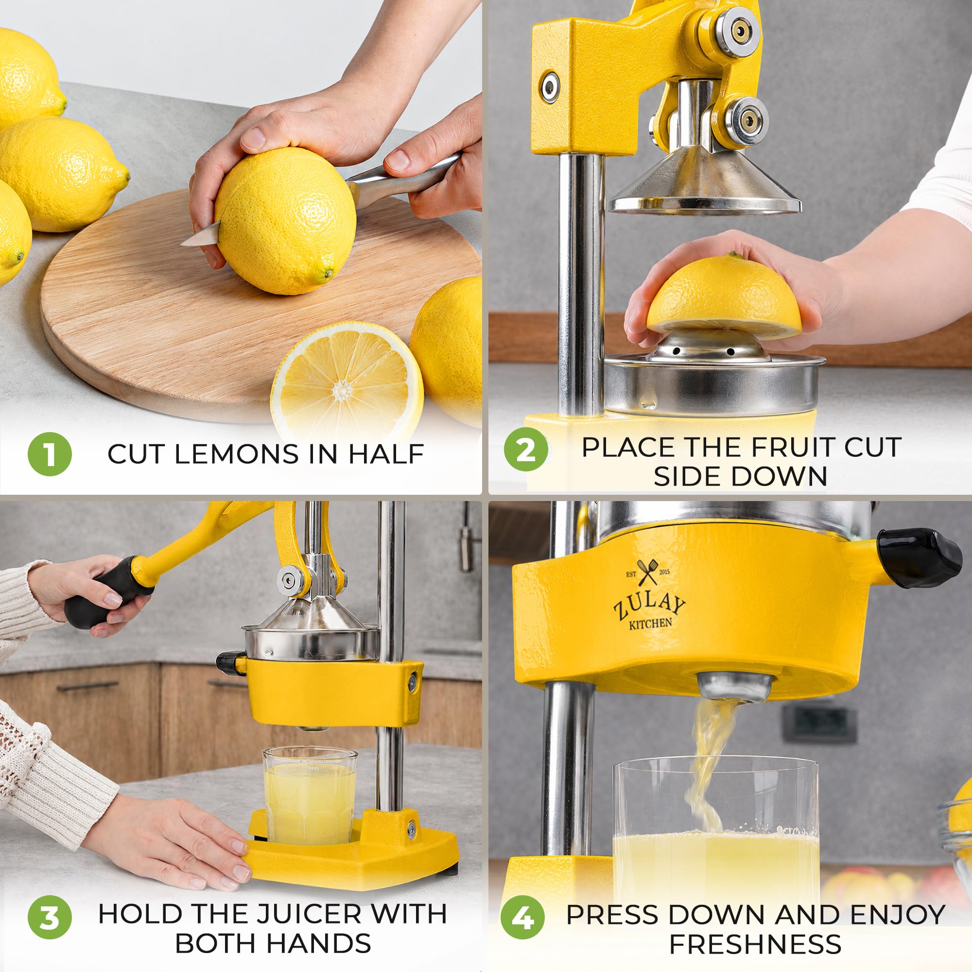 Zulay Kitchen juicer bowl size comparison with citrus, fits limes to grapefruits for maximum yield
