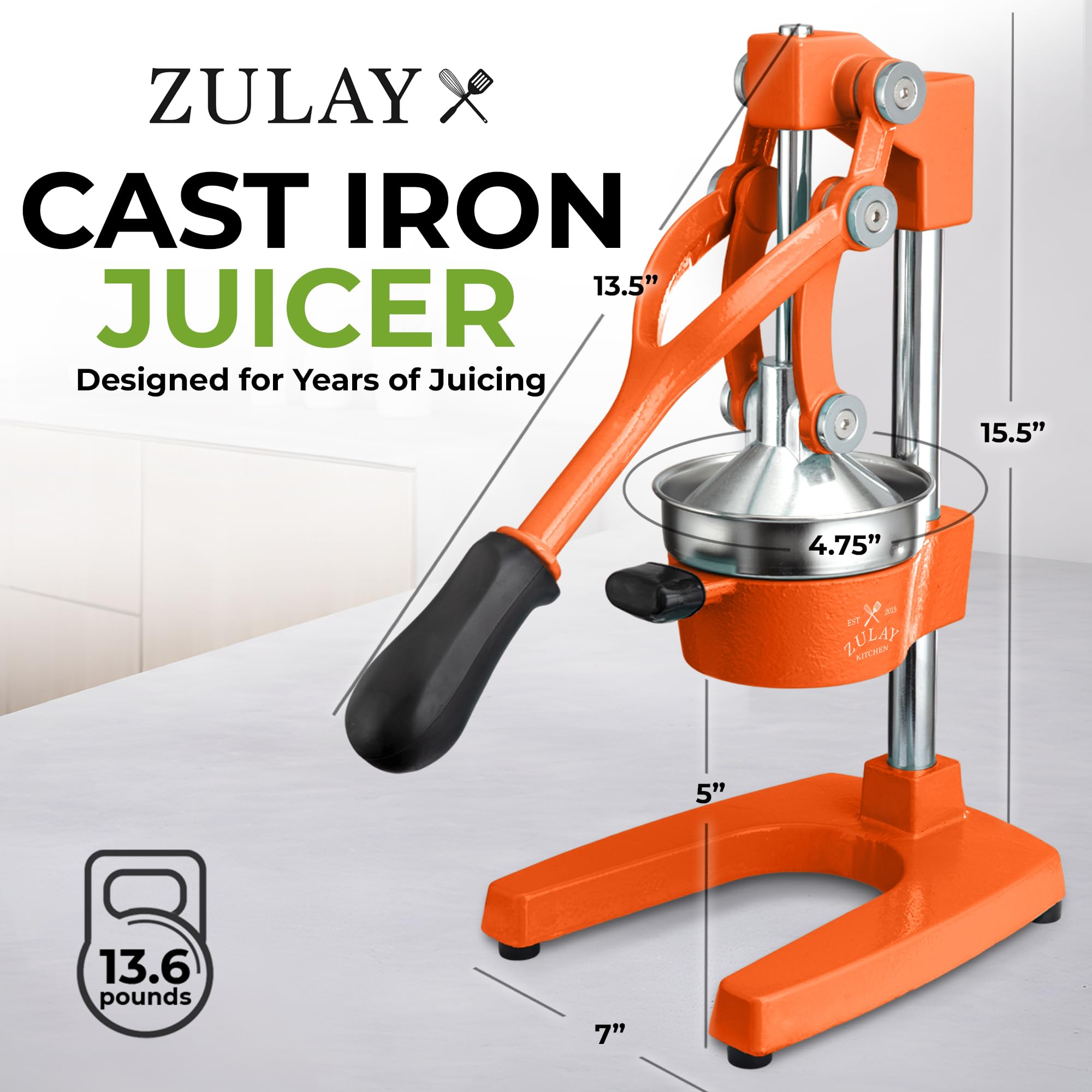 Zulay Kitchen close-up of long lever and pivot delivering powerful, low-effort presses
