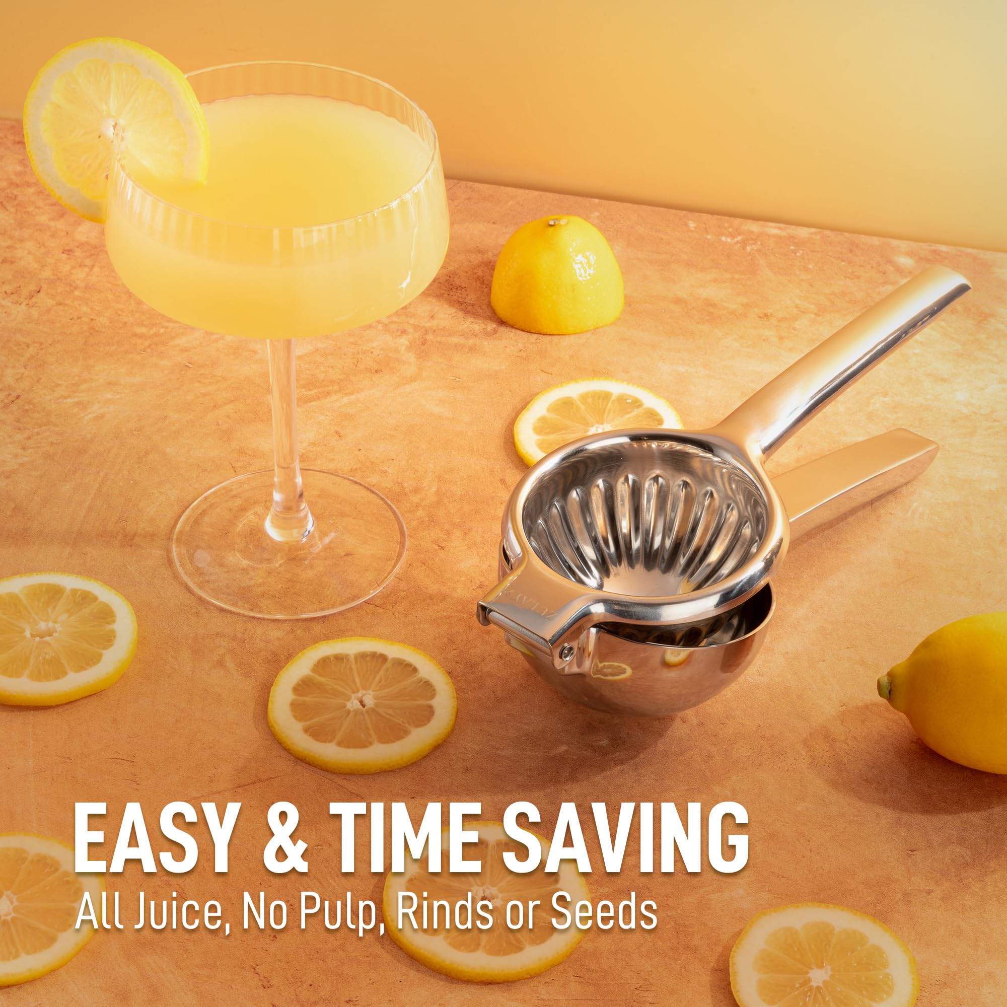 Zulay Kitchen juicer in use pressing lemon over glass for fast fresh juice