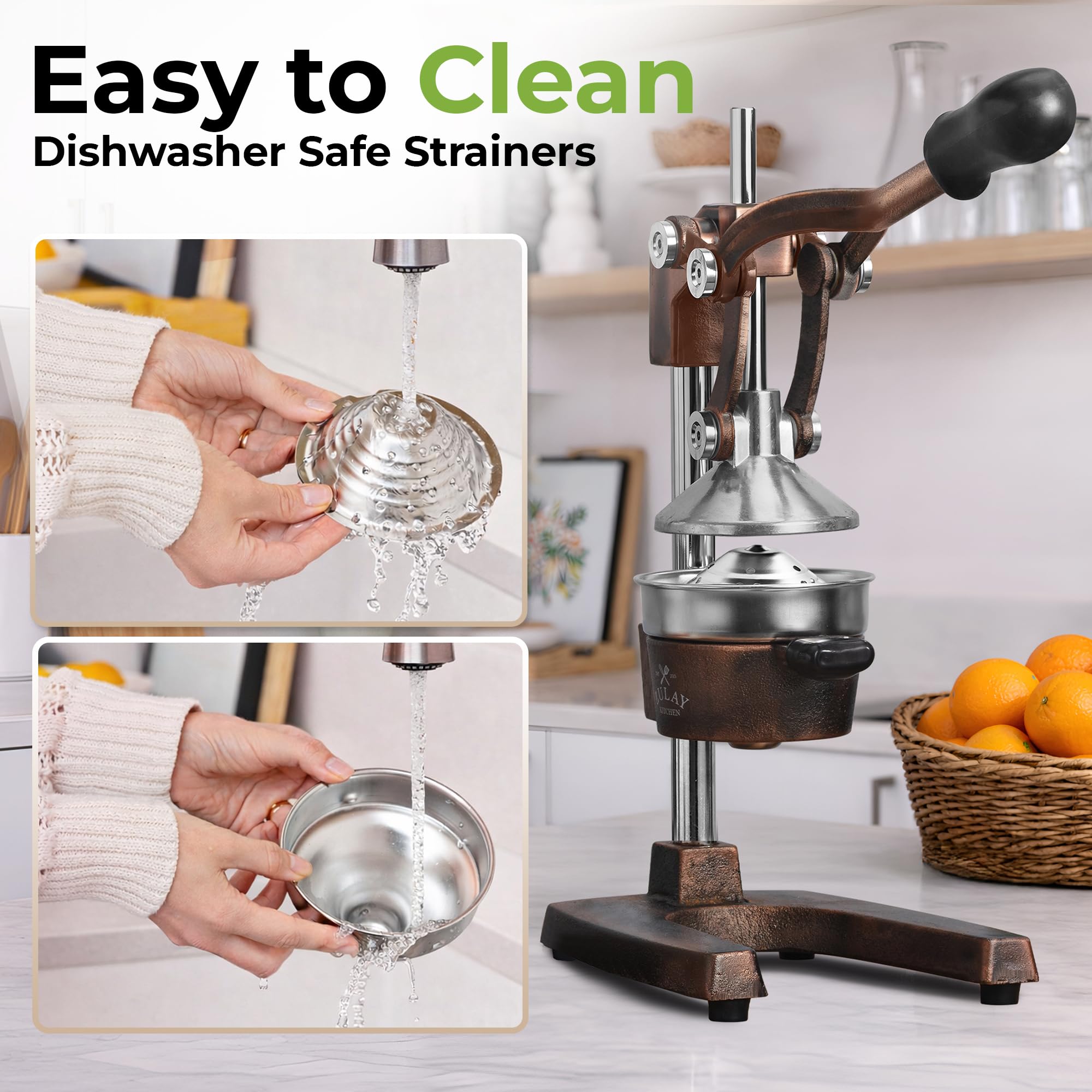 Zulay Kitchen juicer pressing orange with minimal effort for fast fresh juice