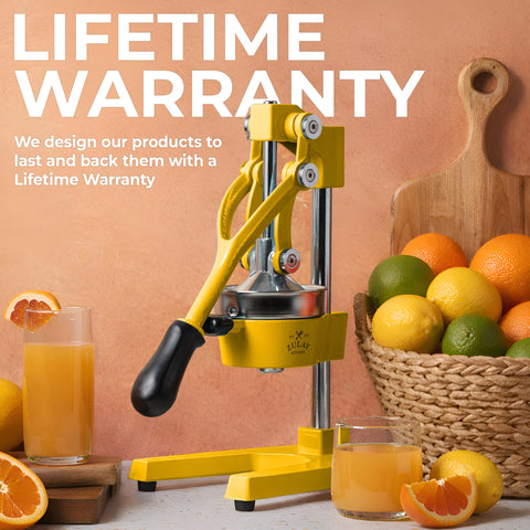 Zulay Kitchen juicer in use pressing an orange, fast single-pull extraction for fresh juice