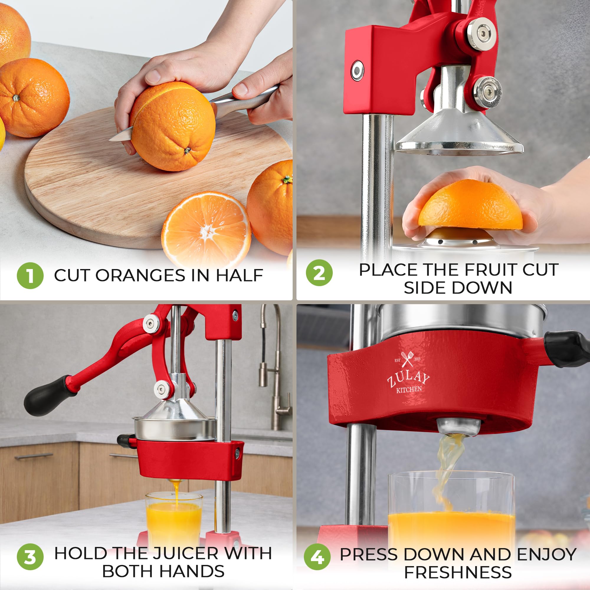 Zulay Kitchen juicer in use pressing an orange for fresh juice benefit