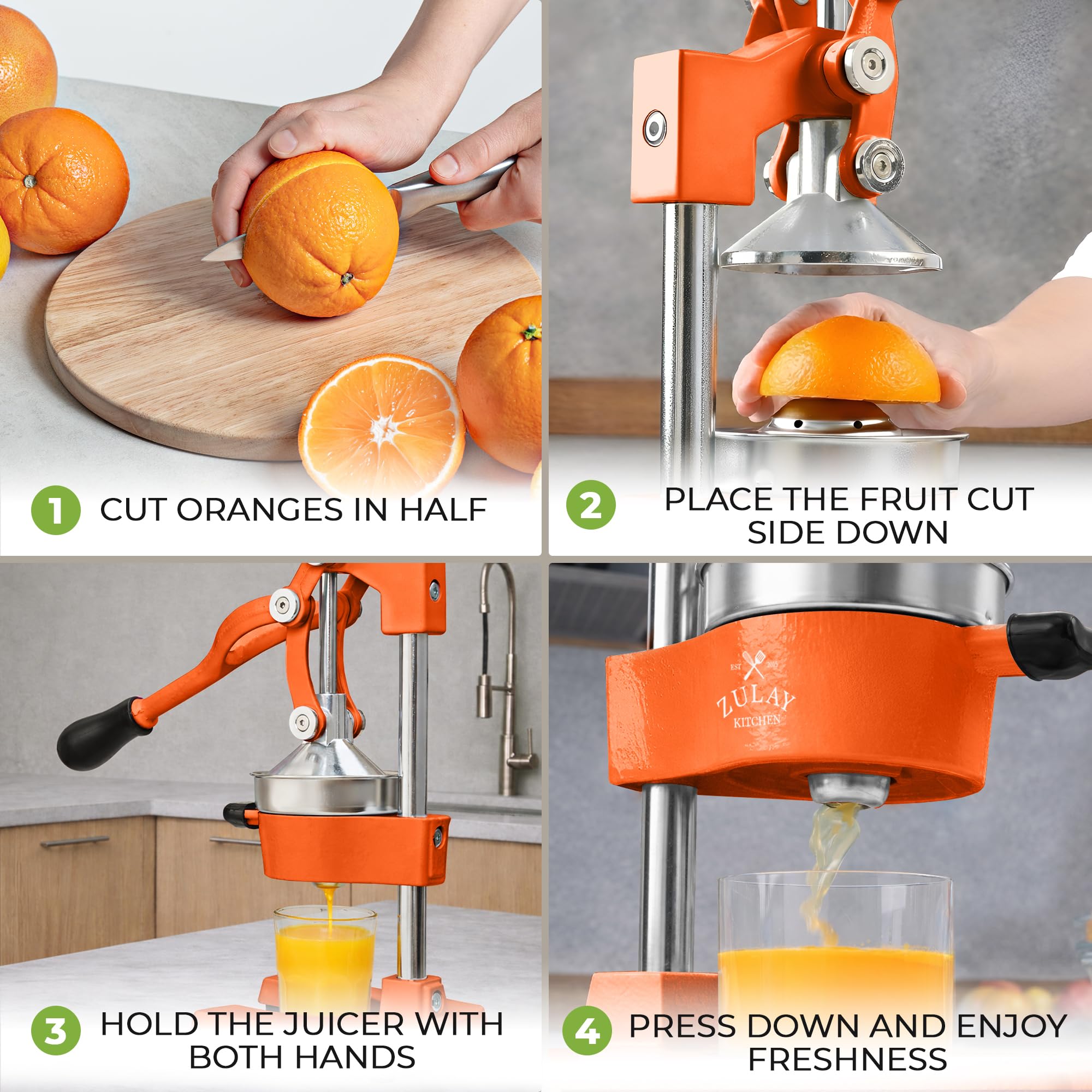 Zulay Kitchen juicer in use pressing an orange for fast fresh juice production