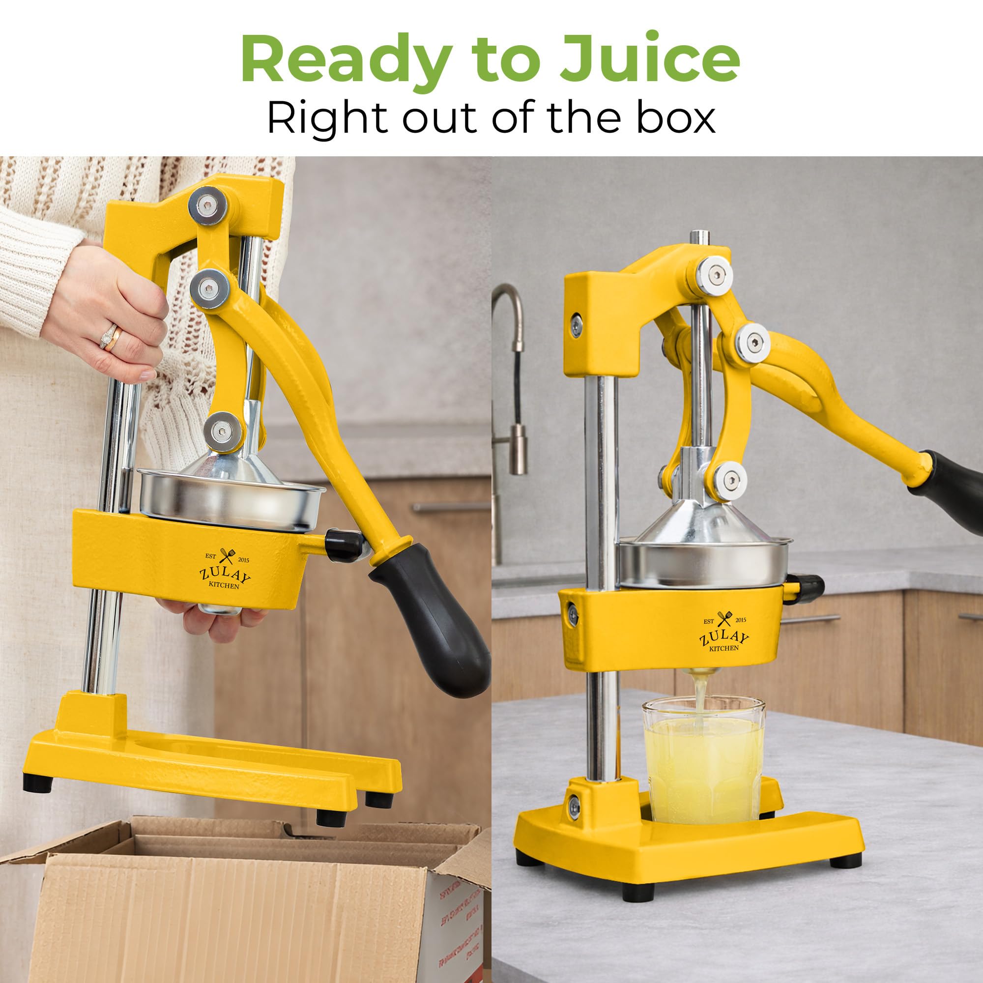 Zulay Kitchen juicer lever and hinge detail, long-arm mechanical advantage for effortless pressing