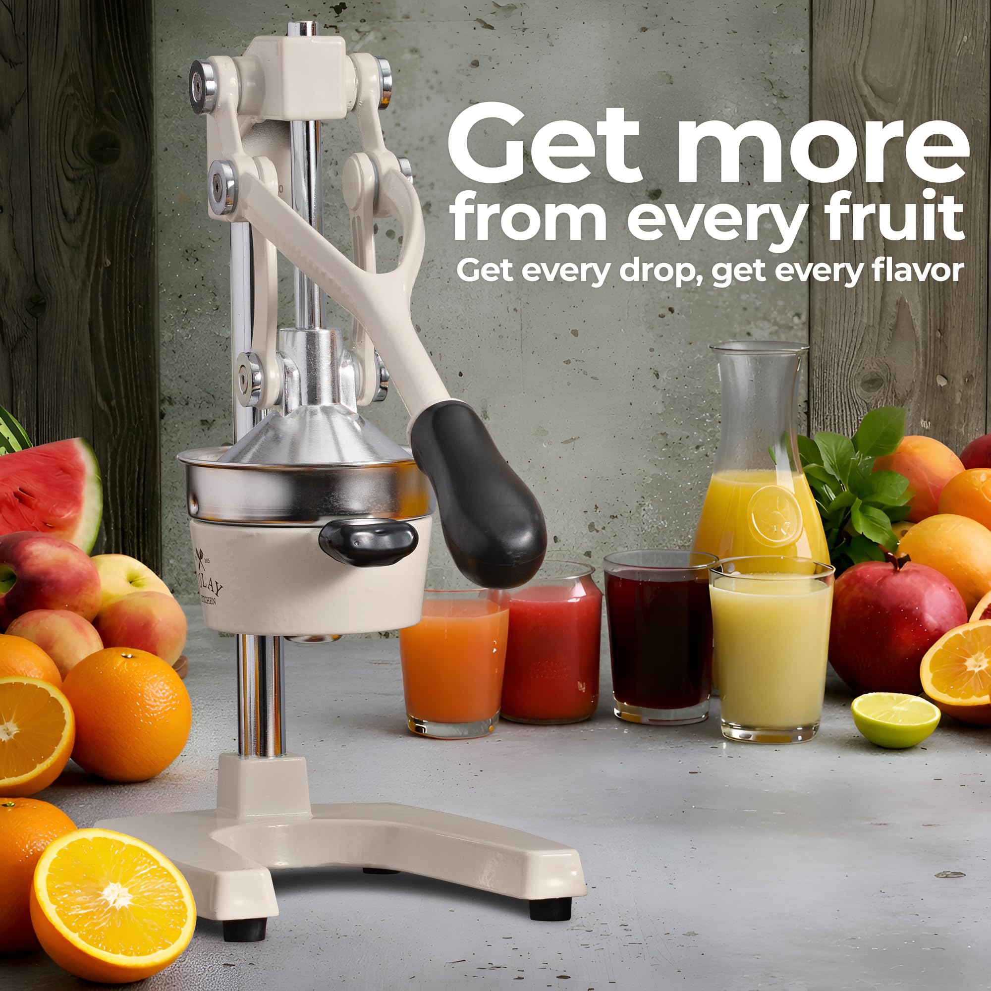 Zulay Kitchen juicer on kitchen counter with fruit and glass showing stylish, everyday use benefit