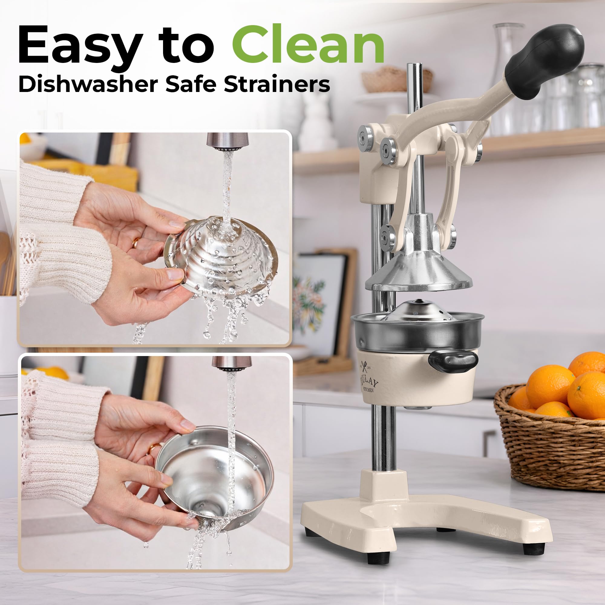 Zulay Kitchen pouring fresh orange juice into glass showing clean pour and reduced splatter