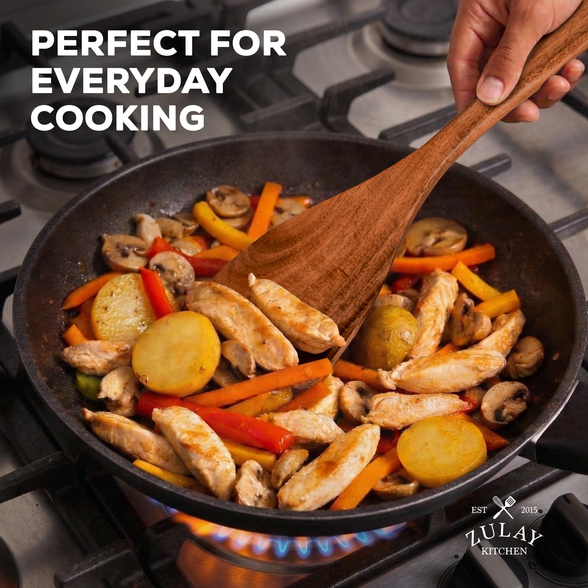 Zulay Kitchen ladle and pasta server on counter enabling everyday serving