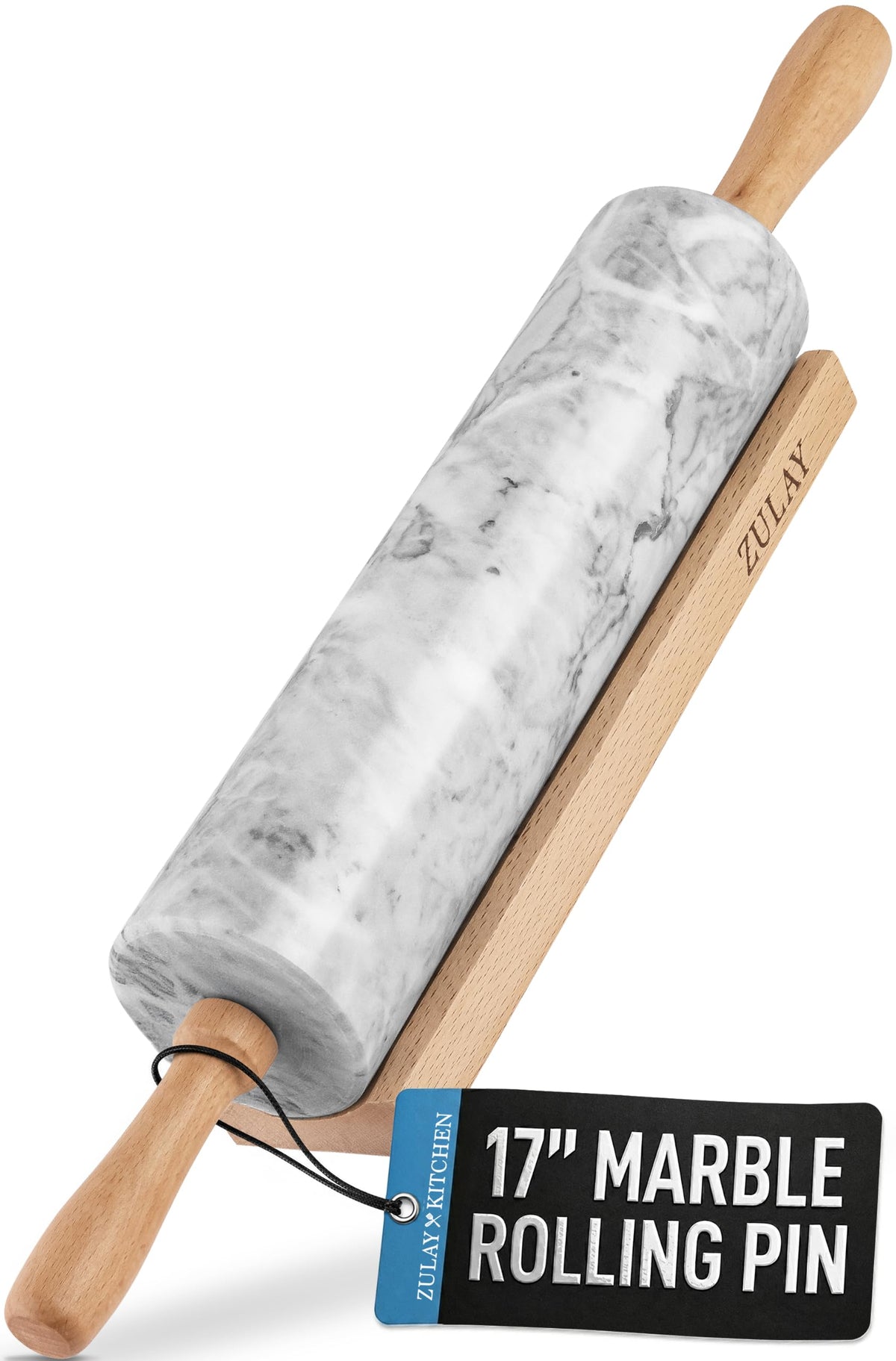 Zulay Kitchen front view of polished marble rolling pin showing sleek design and even rolling