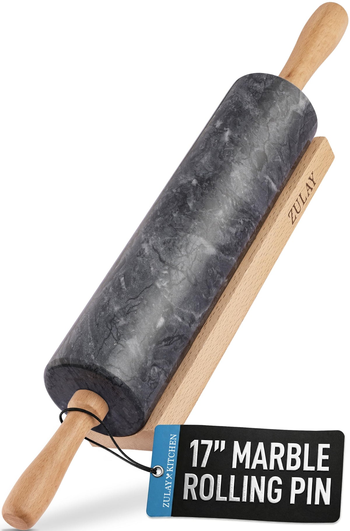 Zulay Kitchen marble rolling pin front view shows sleek polished roller and benefits even rolling