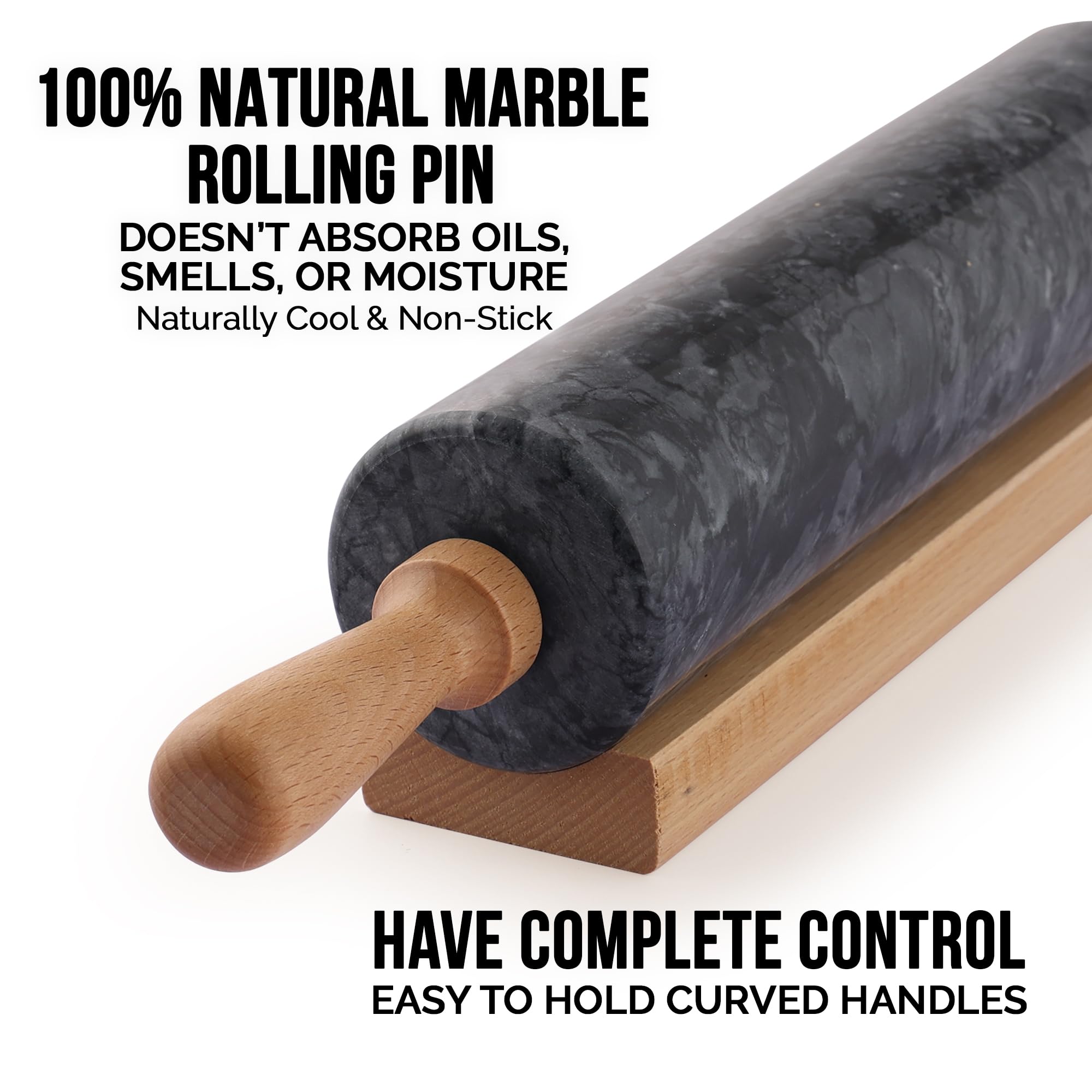 Zulay Kitchen rolling pin resting on wooden stand keeps countertop tidy and prevents rolling