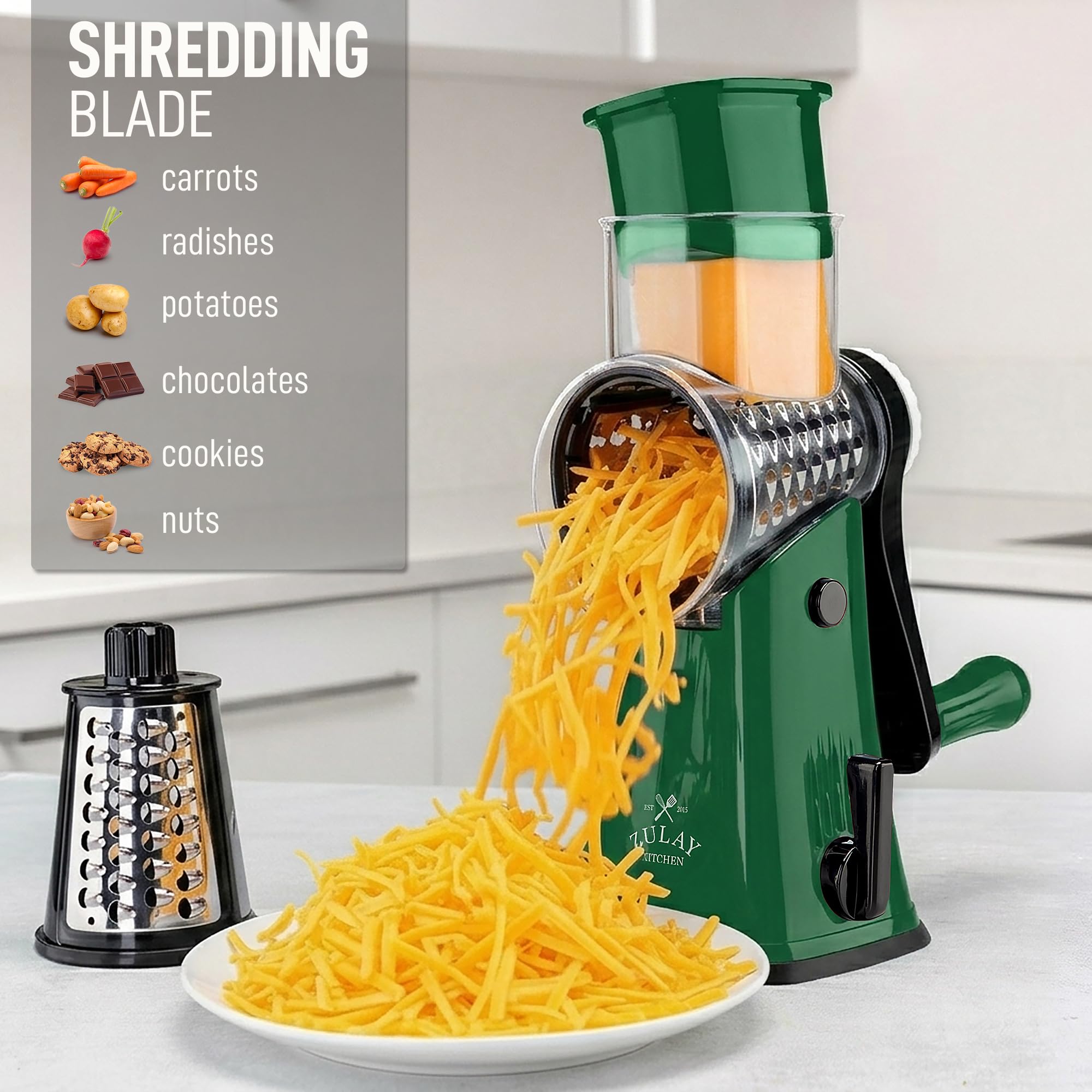 Zulay Kitchen five stainless-steel blades laid out showing multiple shredding options