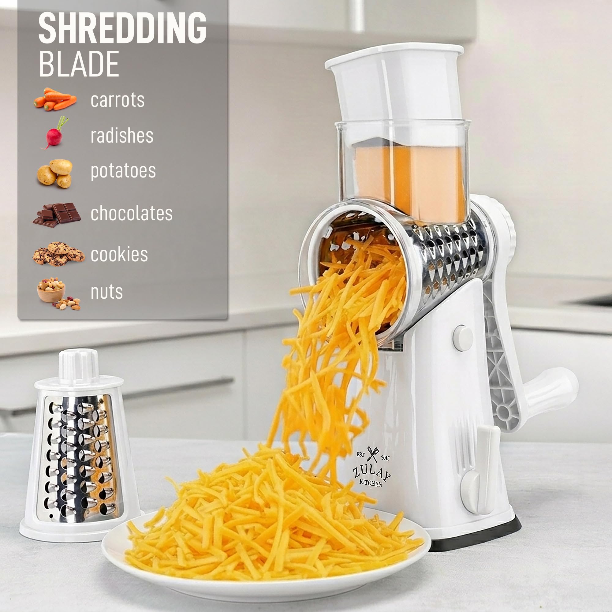 Zulay Kitchen five interchangeable stainless steel drums displayed for multiple cutting options