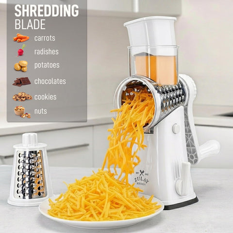 Zulay Kitchen five interchangeable stainless steel drums displayed for multiple cutting options