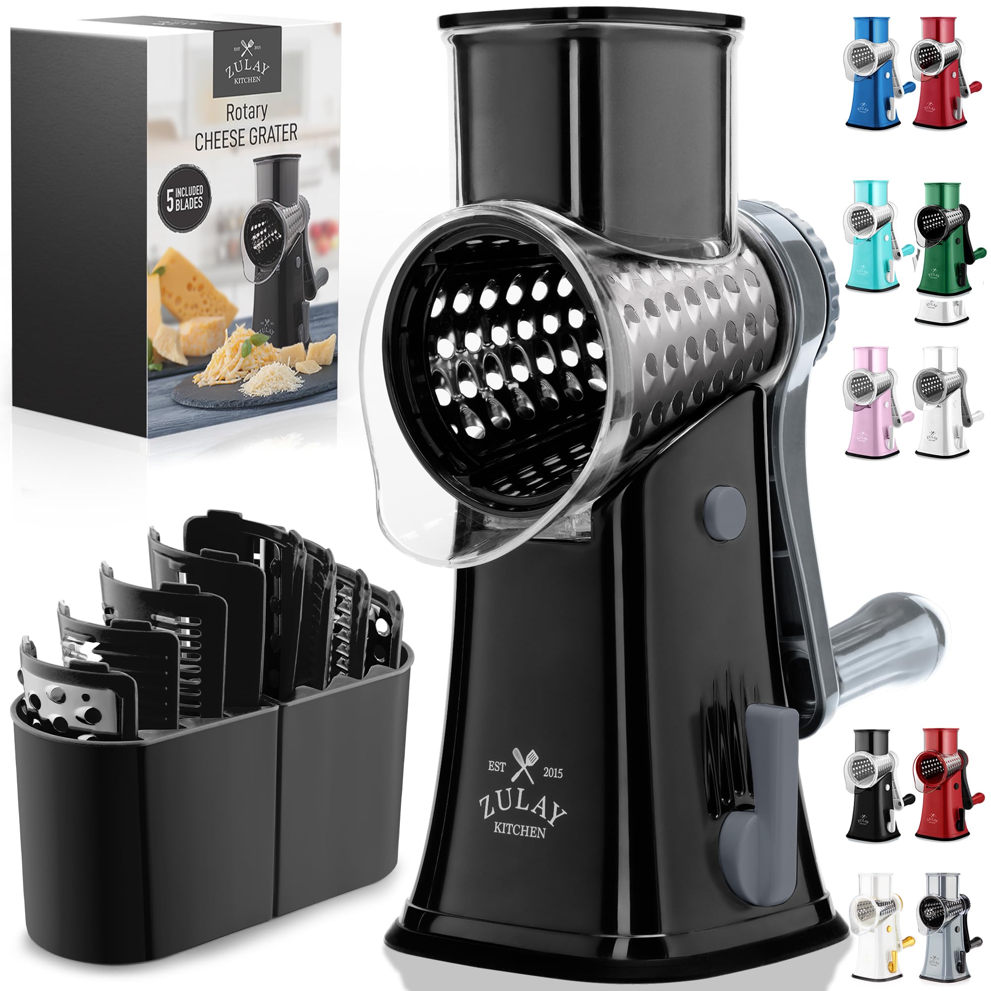 Zulay Kitchen front view showing complete rotary grater and assembled drums for versatile prep