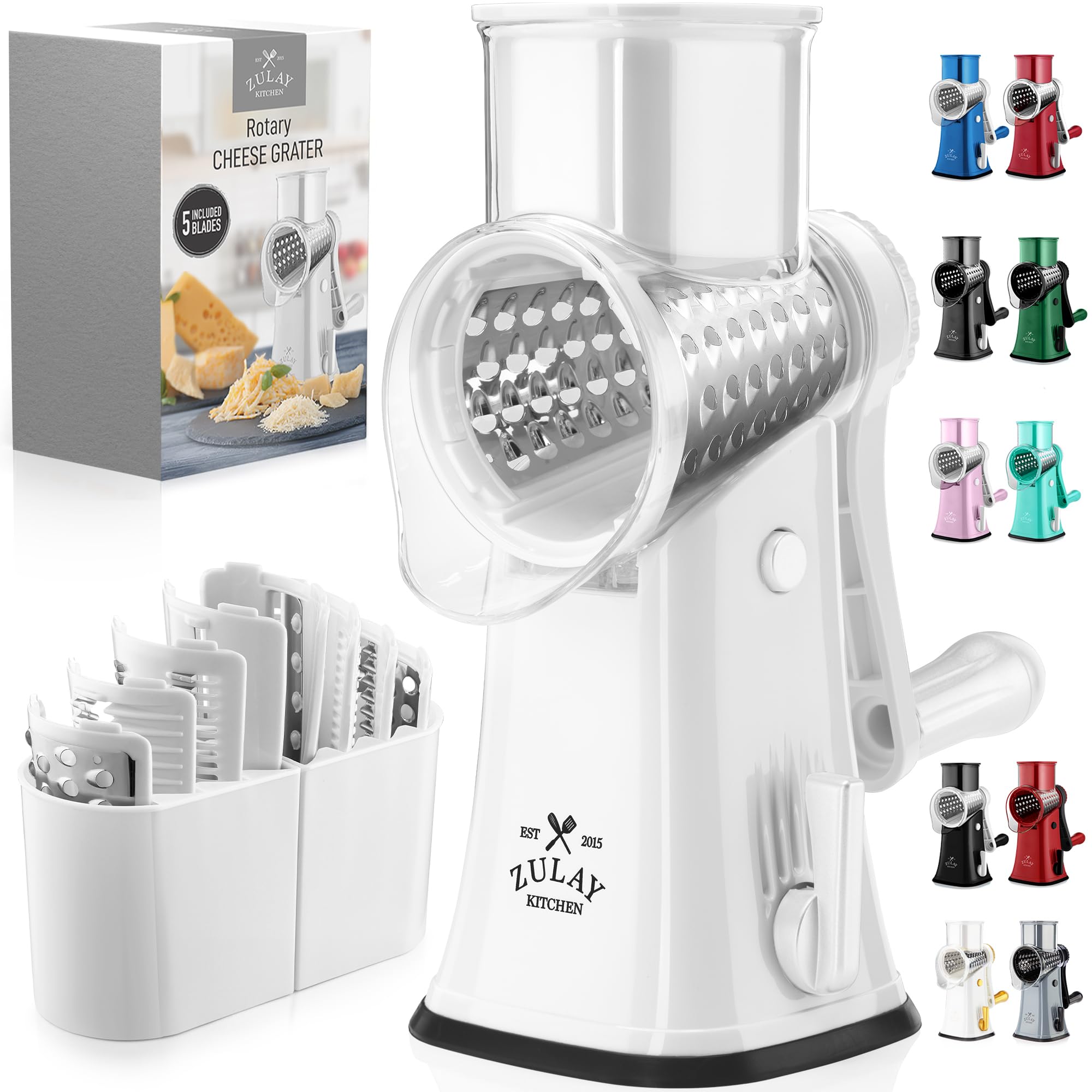 Zulay Kitchen front view of rotary cheese grater showing compact design and usability