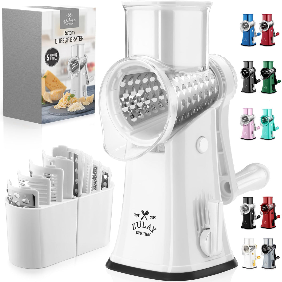Zulay Kitchen front view of rotary cheese grater showing compact design and usability