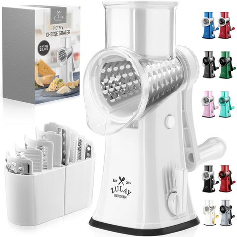 Zulay Kitchen front view of rotary cheese grater showing compact design and usability