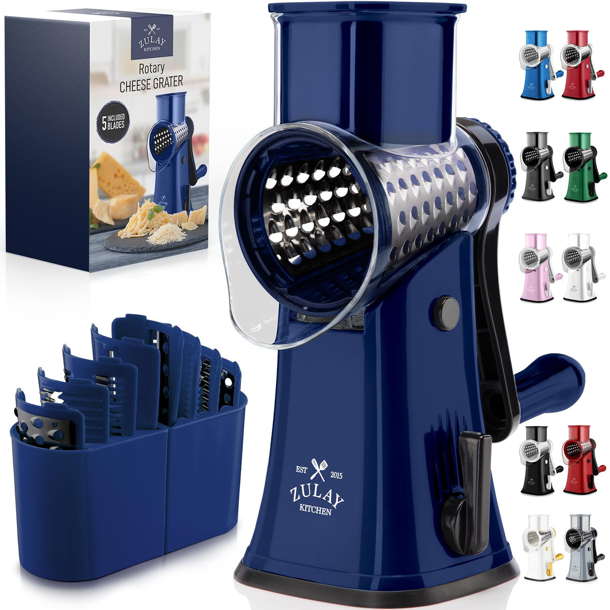 Zulay Kitchen front view showing safe enclosed grater and benefits