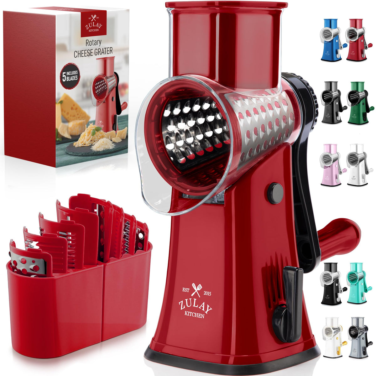 Zulay Kitchen front view showing compact rotary grater and handle for fast prep