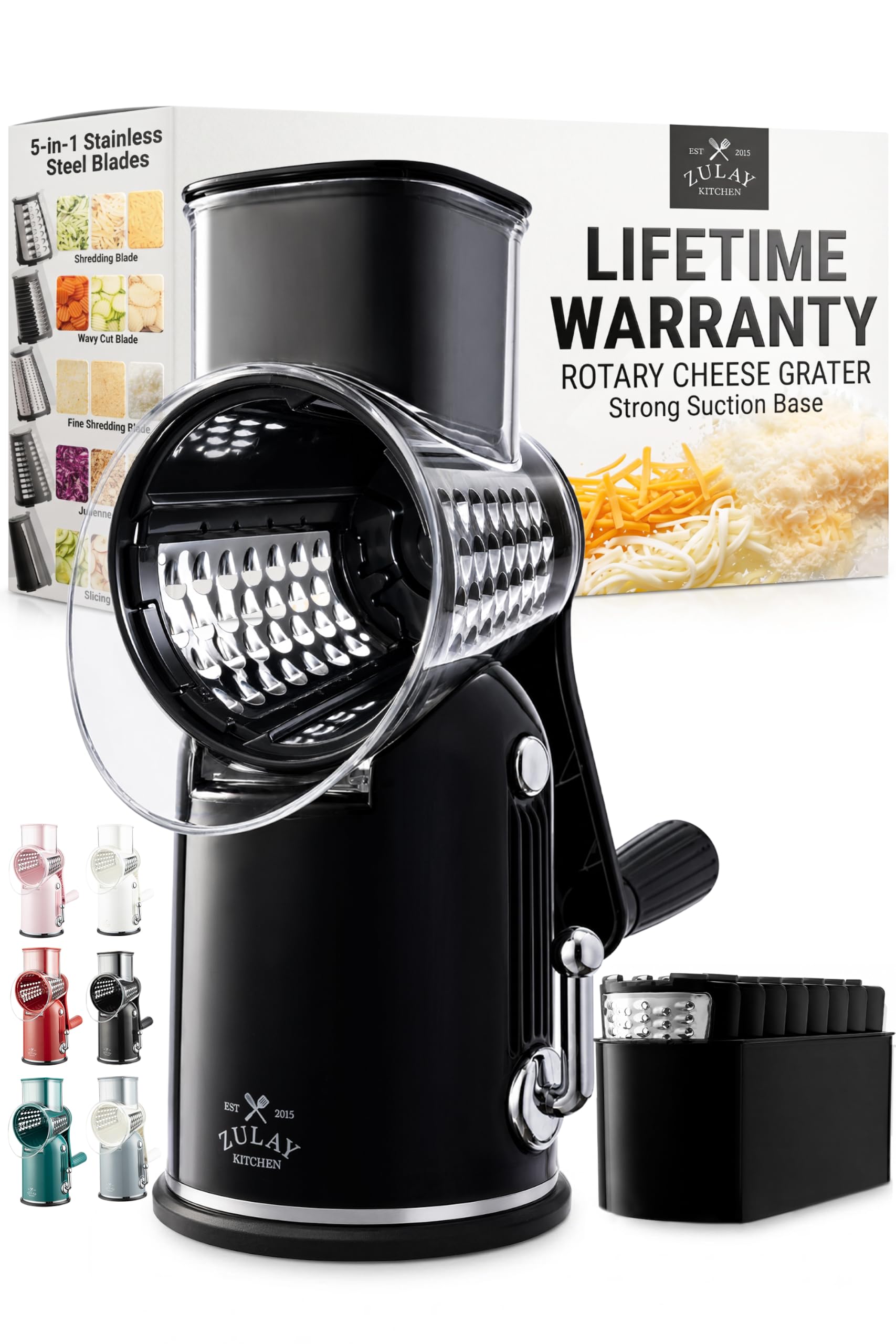 Zulay Kitchen front view showing classic black rotary grater and stable base for easy shredding