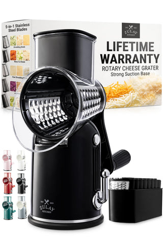 Zulay Kitchen front view showing classic black rotary grater and stable base for easy shredding