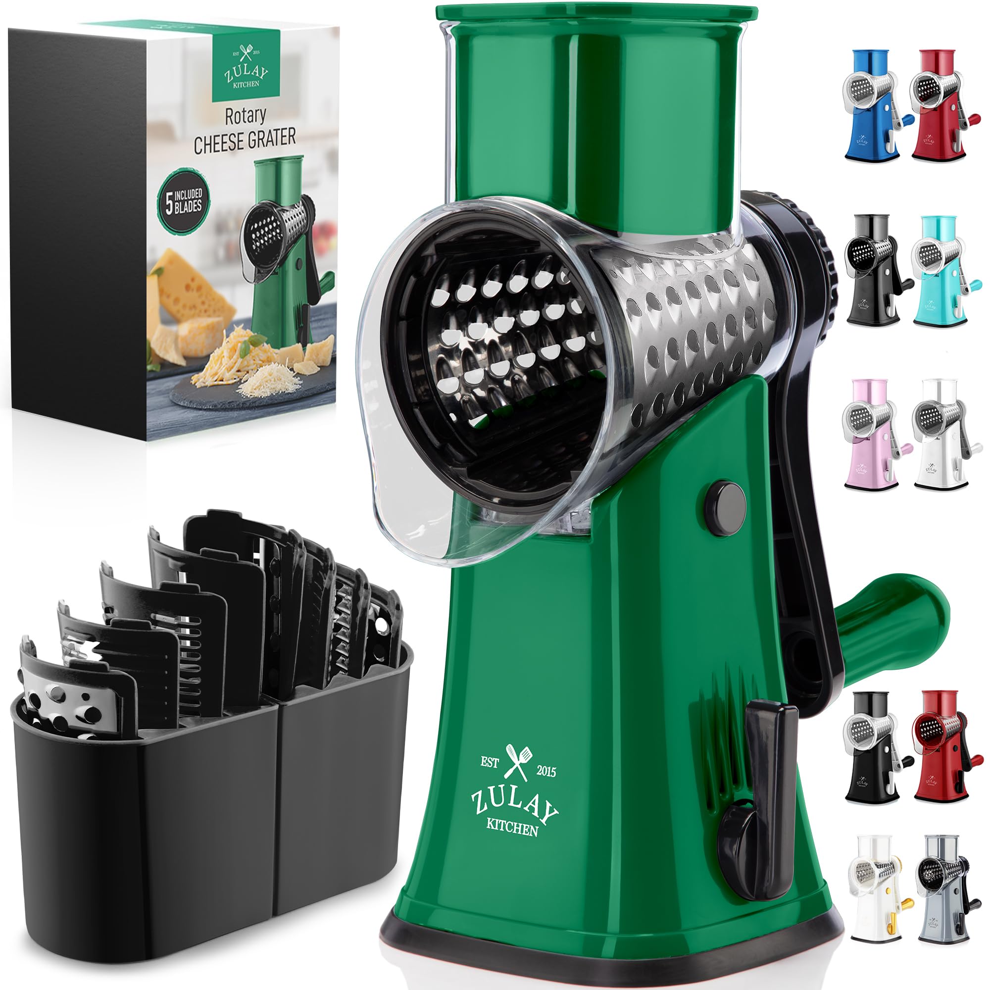 Zulay Kitchen front view showing green and black grater ideal for quick shredding