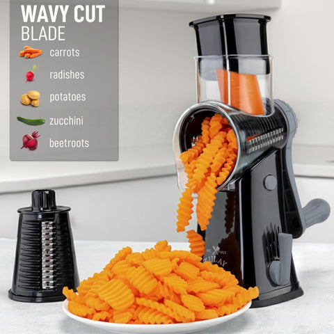 Zulay Kitchen grater in motion with hand crank demonstrating smooth, ergonomic operation