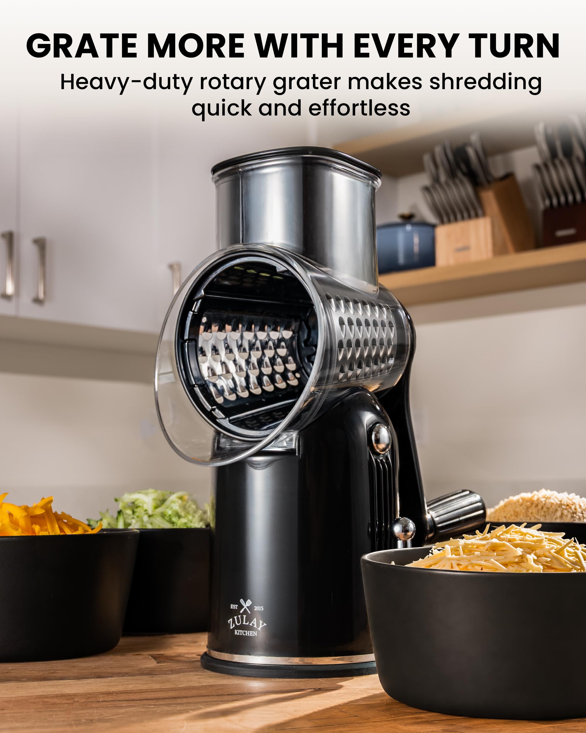 Zulay Kitchen hopper and ambidextrous handle close view demonstrating comfortable crank benefit