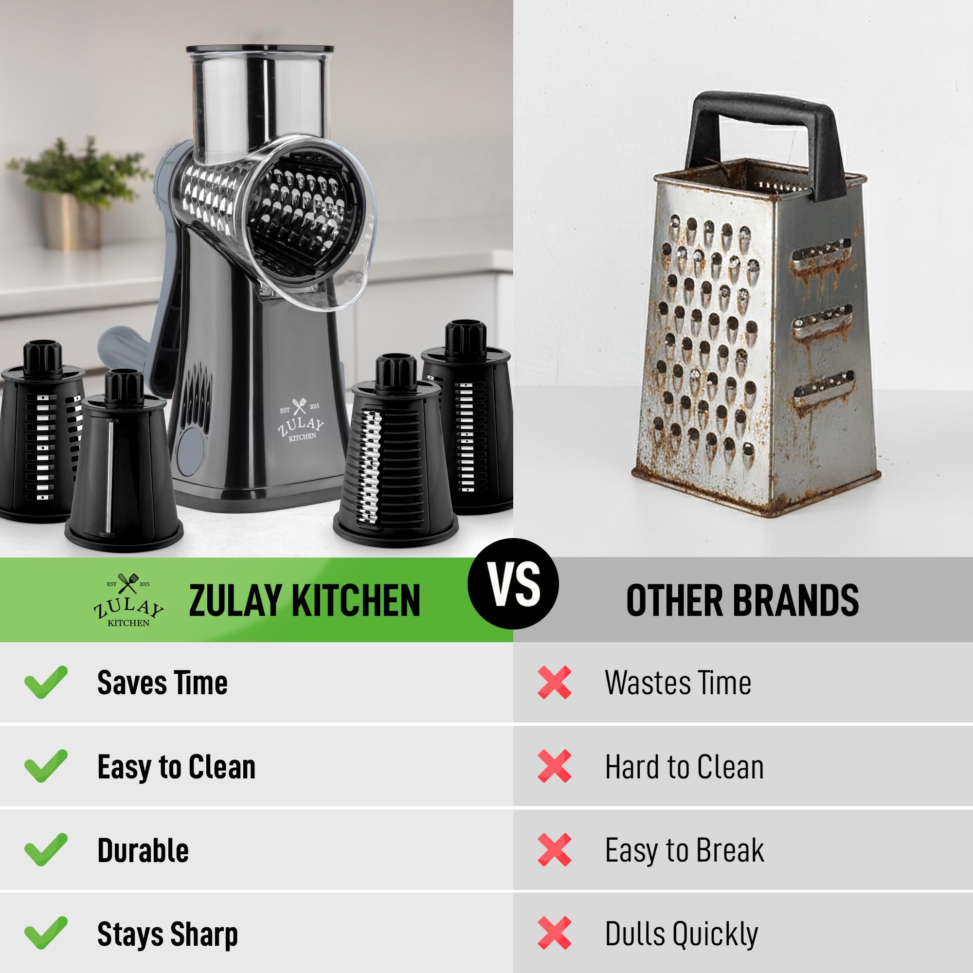 Zulay Kitchen closeup of wide hopper and food pusher for safer ingredient feeding
