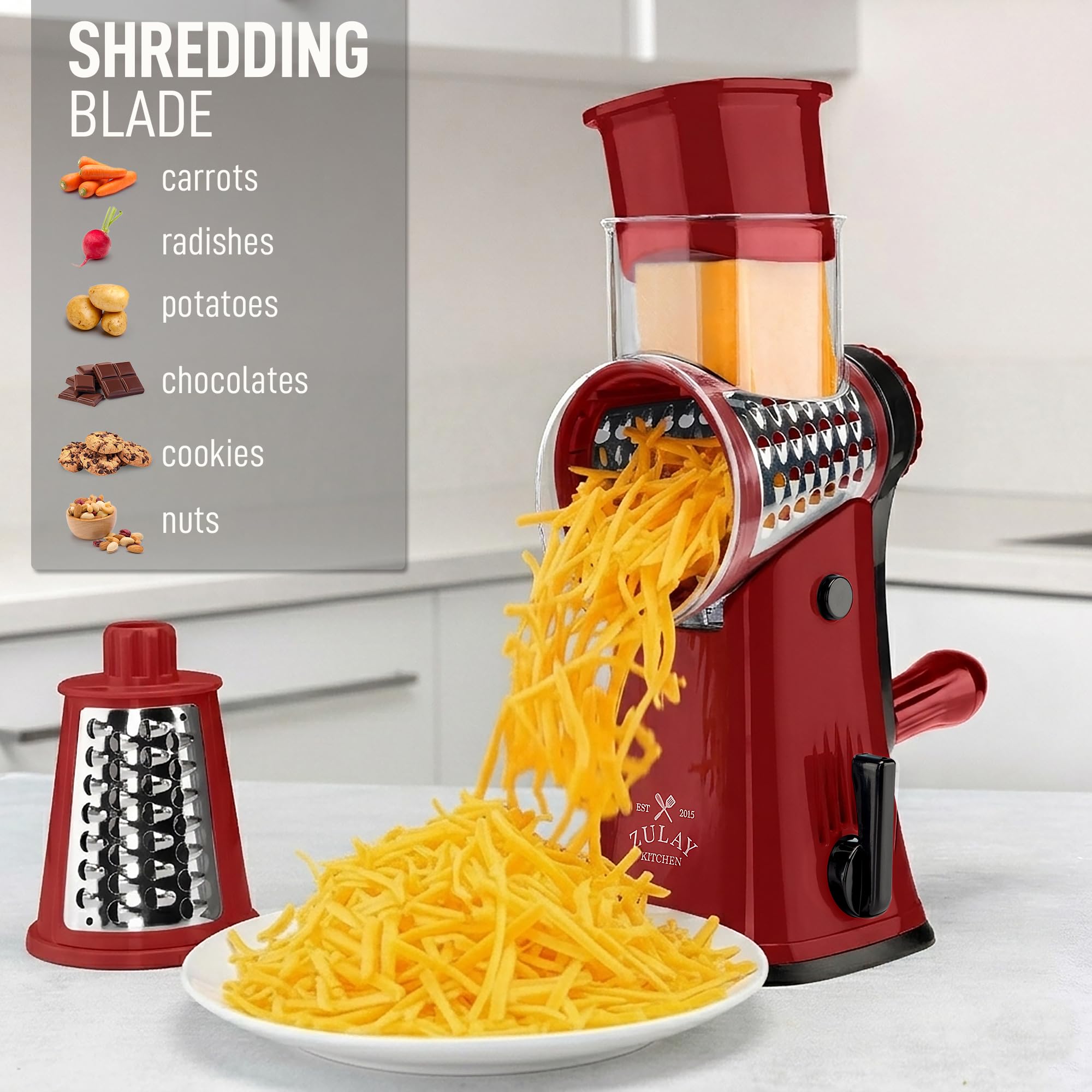 Zulay Kitchen grater in use shredding cheese quickly for pasta topping benefit
