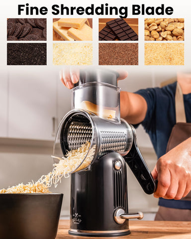 Zulay Kitchen grater in use shredding parmesan over pasta for quick meal prep