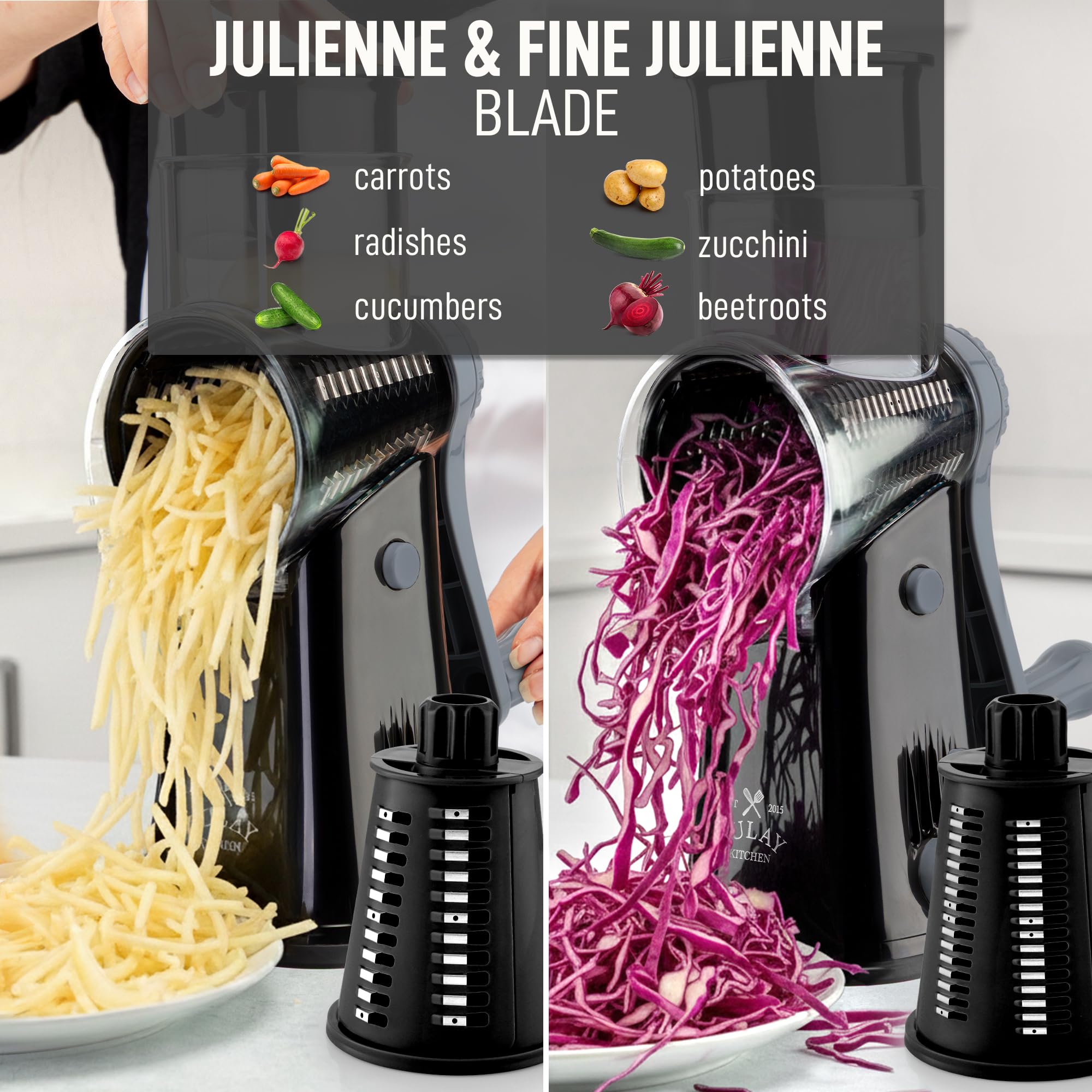Zulay Kitchen shredded vegetables and cheese exiting grater, ready to use immediately