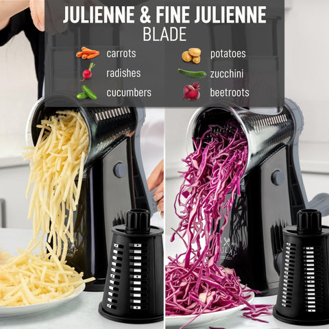 Zulay Kitchen shredded vegetables and cheese exiting grater, ready to use immediately