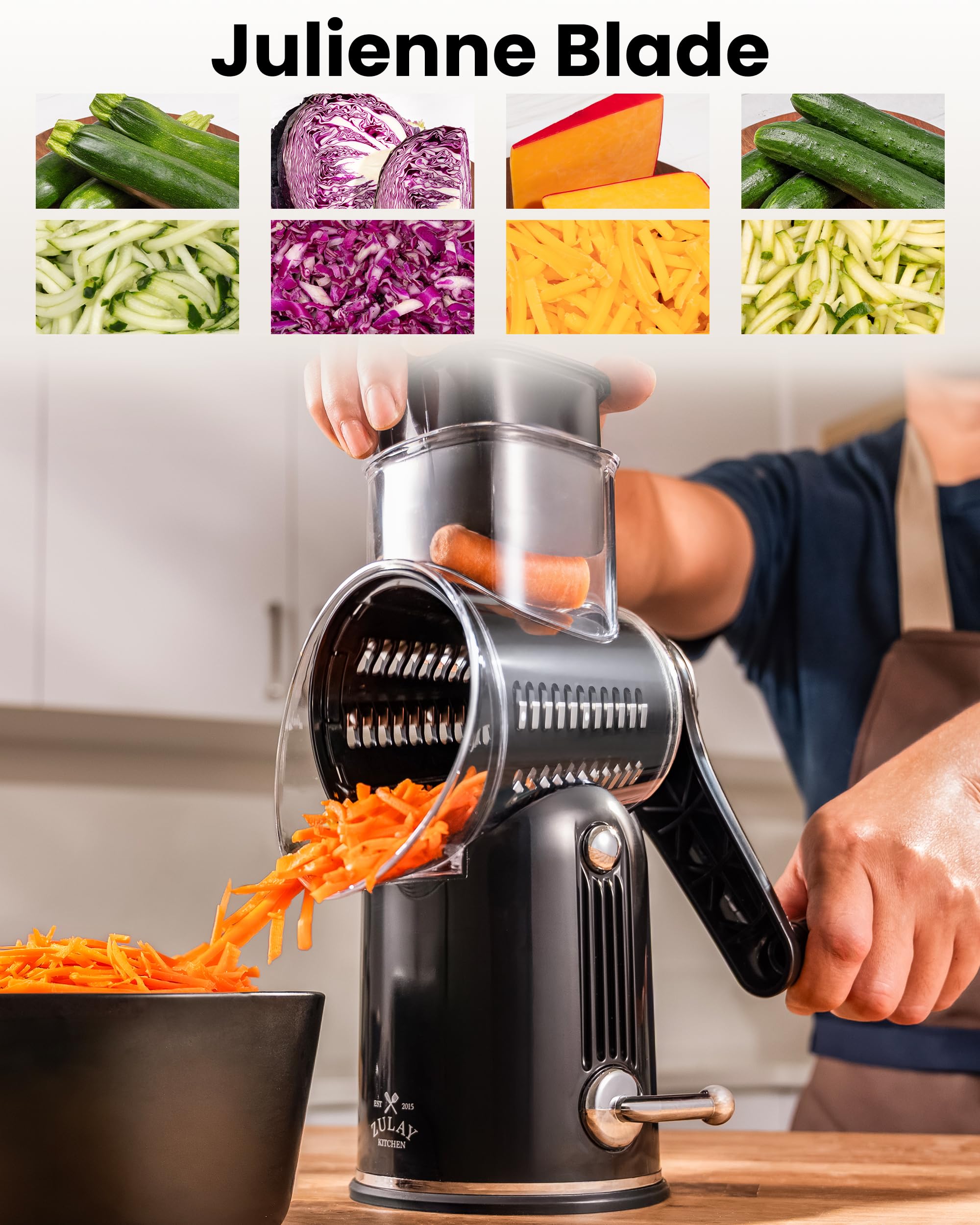 Zulay Kitchen grater slicing cucumbers to produce uniform thin ribbons for salads