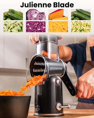 Zulay Kitchen grater slicing cucumbers to produce uniform thin ribbons for salads