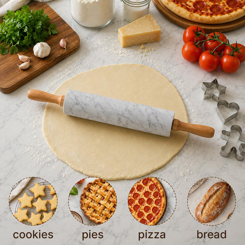 Zulay Kitchen rolling pin beside ruler showing 17-inch size for wide dough coverage