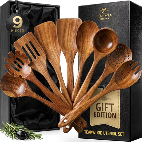 Zulay Kitchen front packaging showing full 9-piece teak set and gift box benefit