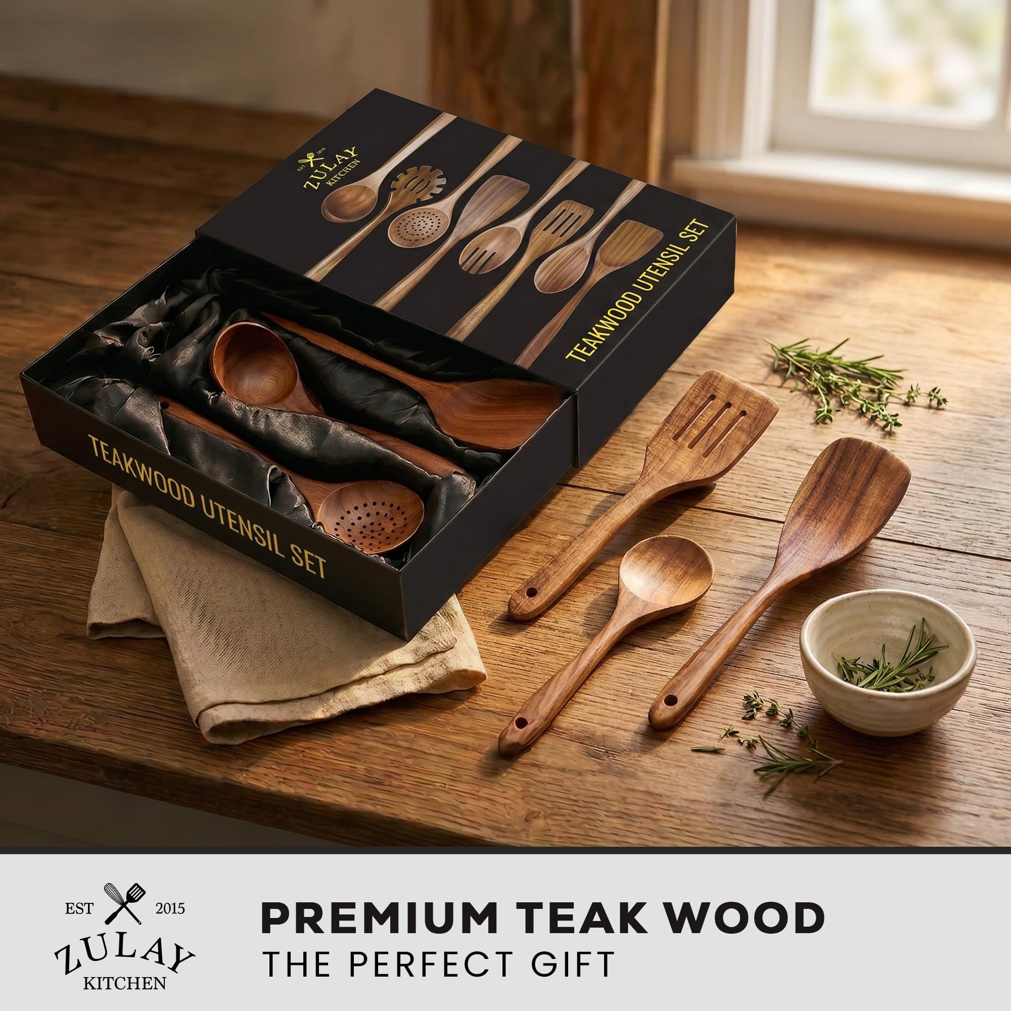 Zulay Kitchen close-up of teak wood grain showing smooth finish and durability