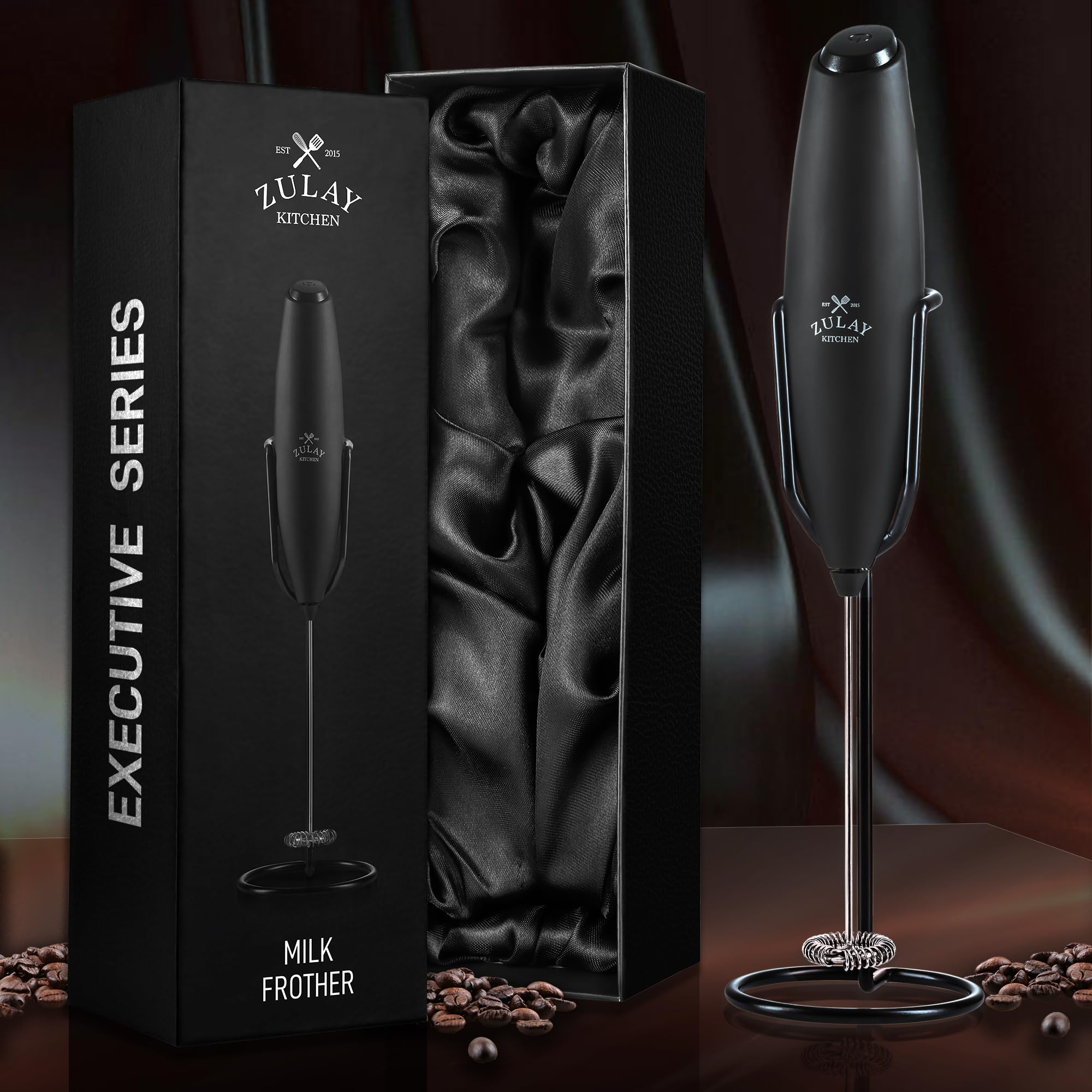 Zulay Kitchen frother set on breakfast table showing practical use and stylish presentation