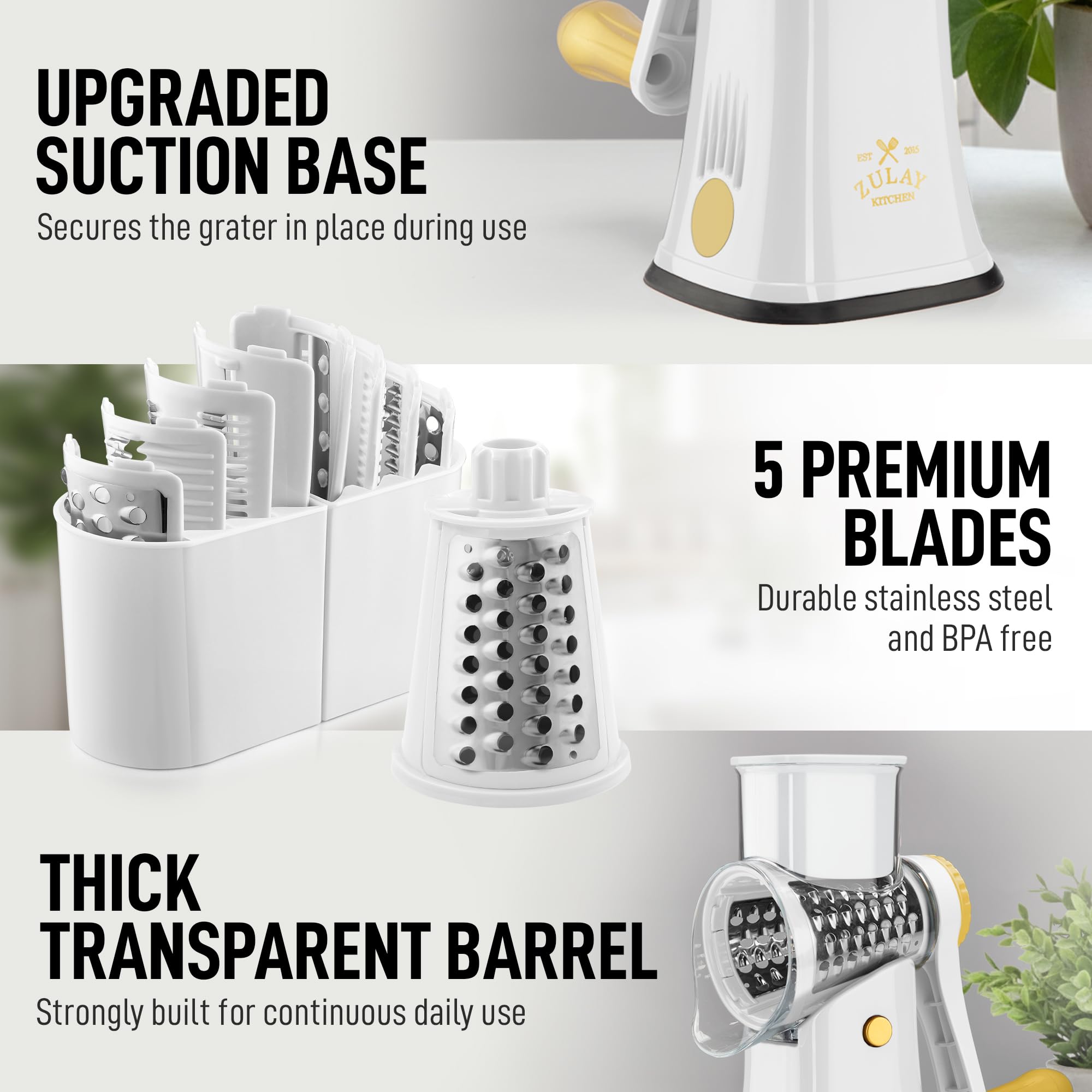Zulay Kitchen dishwasher-safe drum and blades for easy cleanup and hygiene