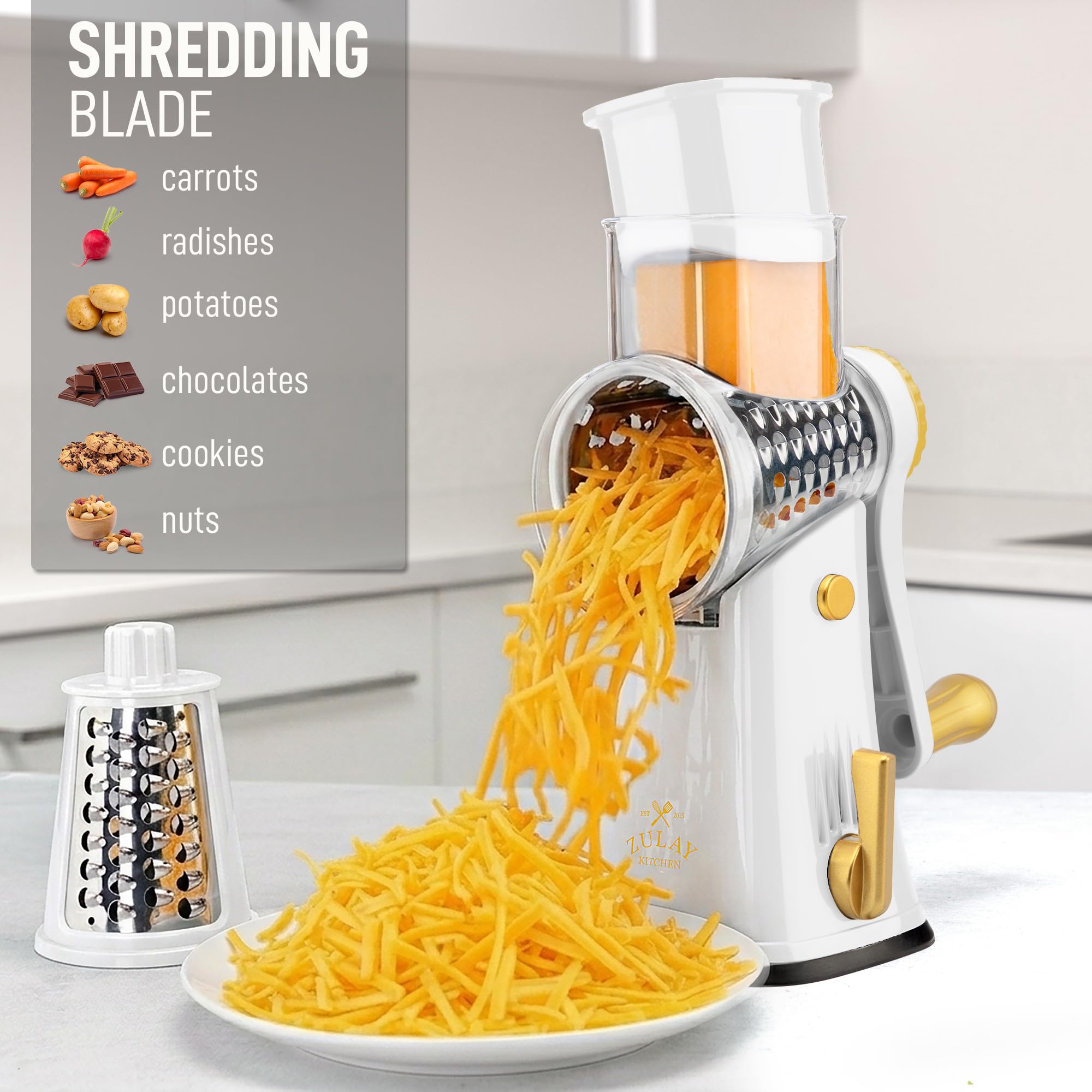 Zulay Kitchen layout of five stainless-steel interchangeable blades for varied textures
