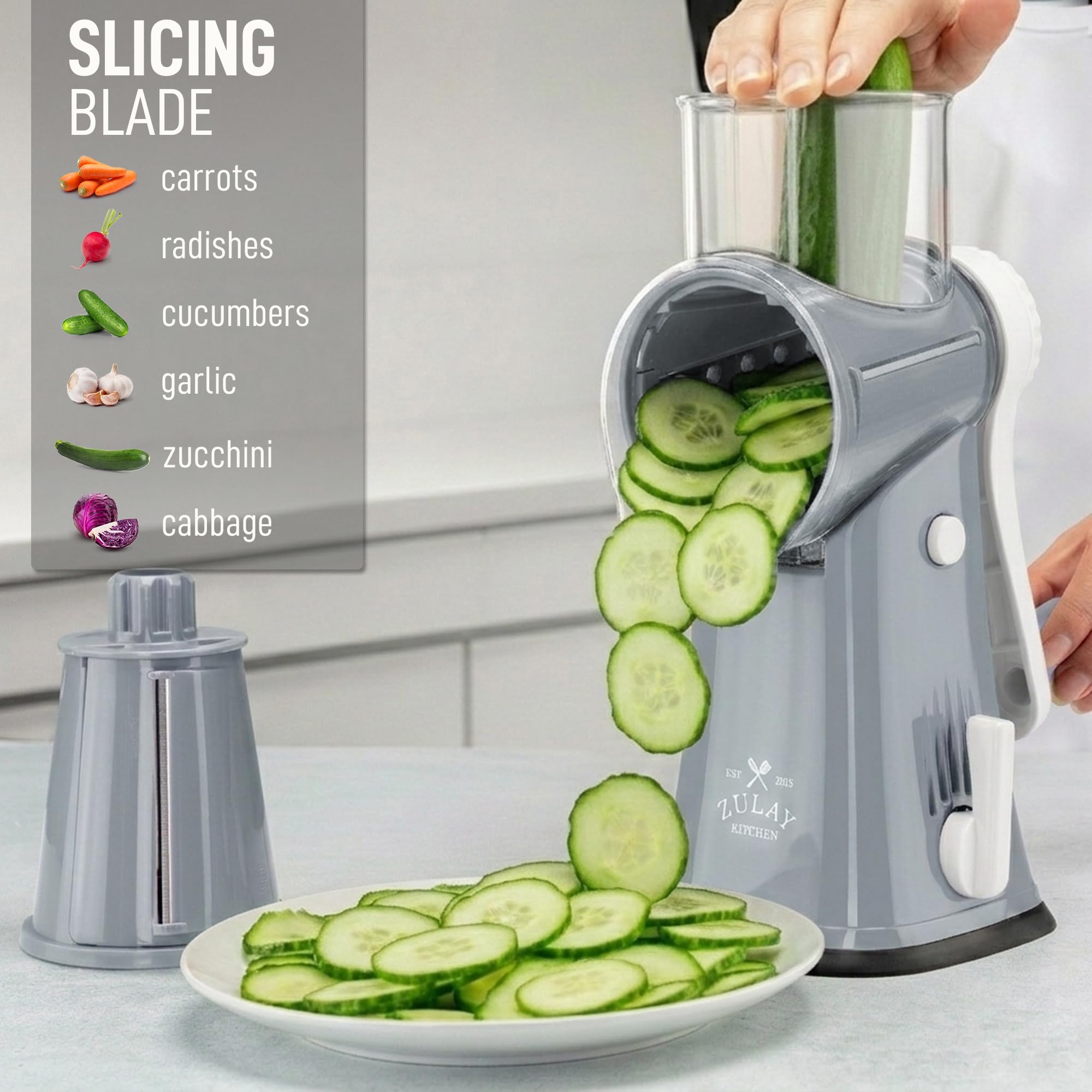 Zulay Kitchen food pusher detail protecting fingers while feeding ingredients