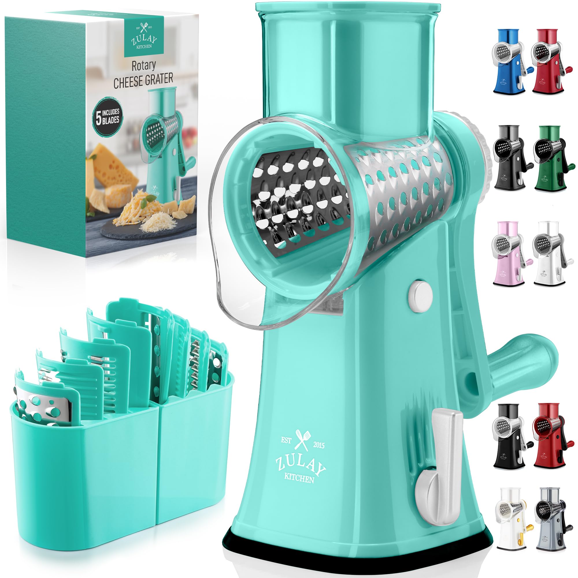 Zulay Kitchen teal grater front view shows compact design and stability