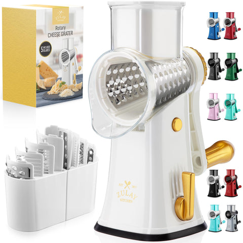 Zulay Kitchen front view showcasing white and gold rotary grater, compact design benefit