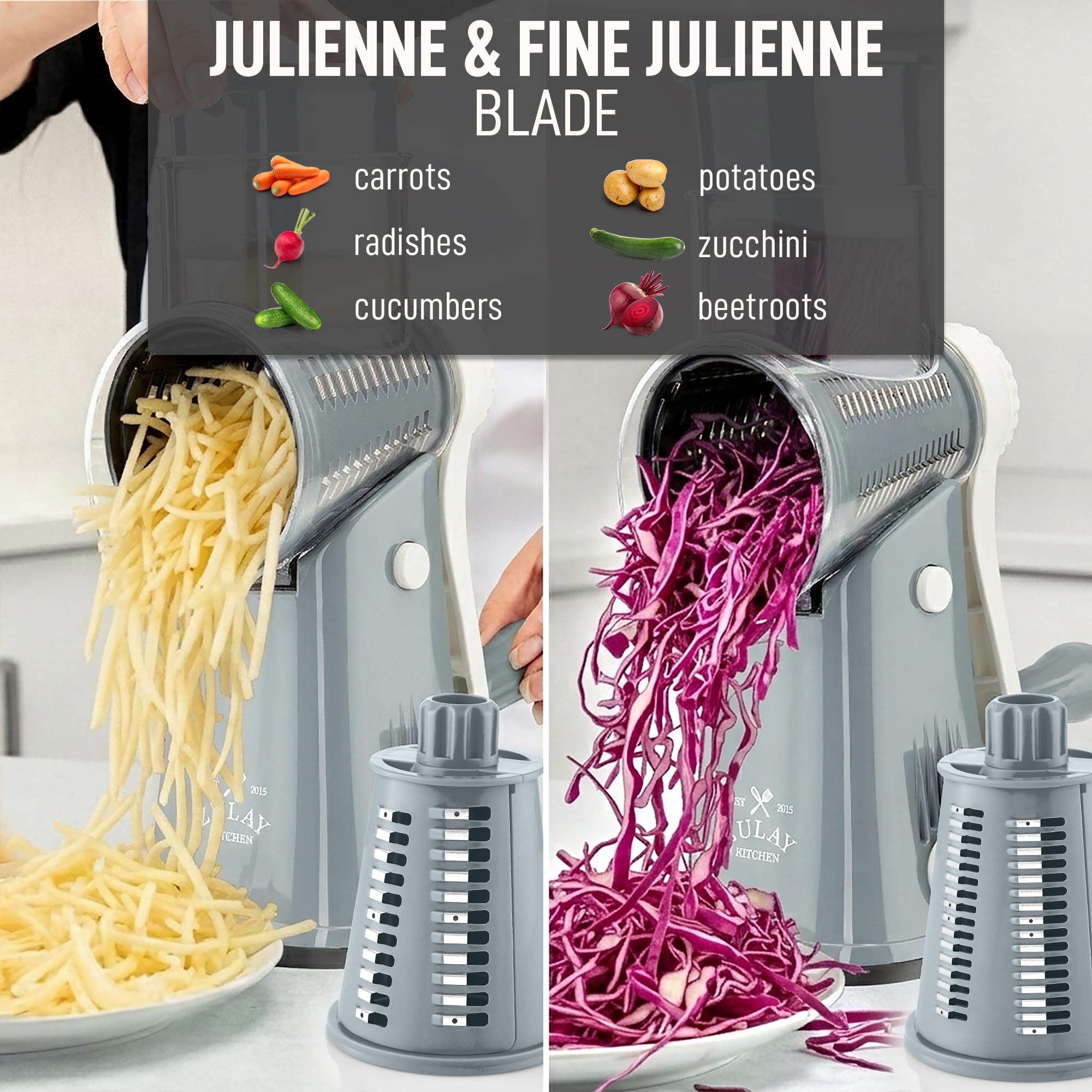 Zulay Kitchen grater in use shredding cheese fast for pizza or pasta toppings
