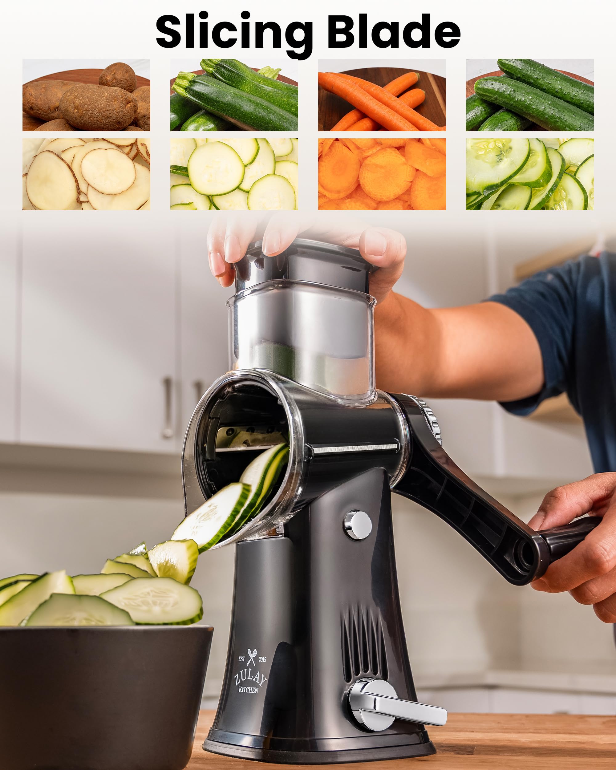 Zulay Kitchen five stainless-steel blades fanned out to show shredding options