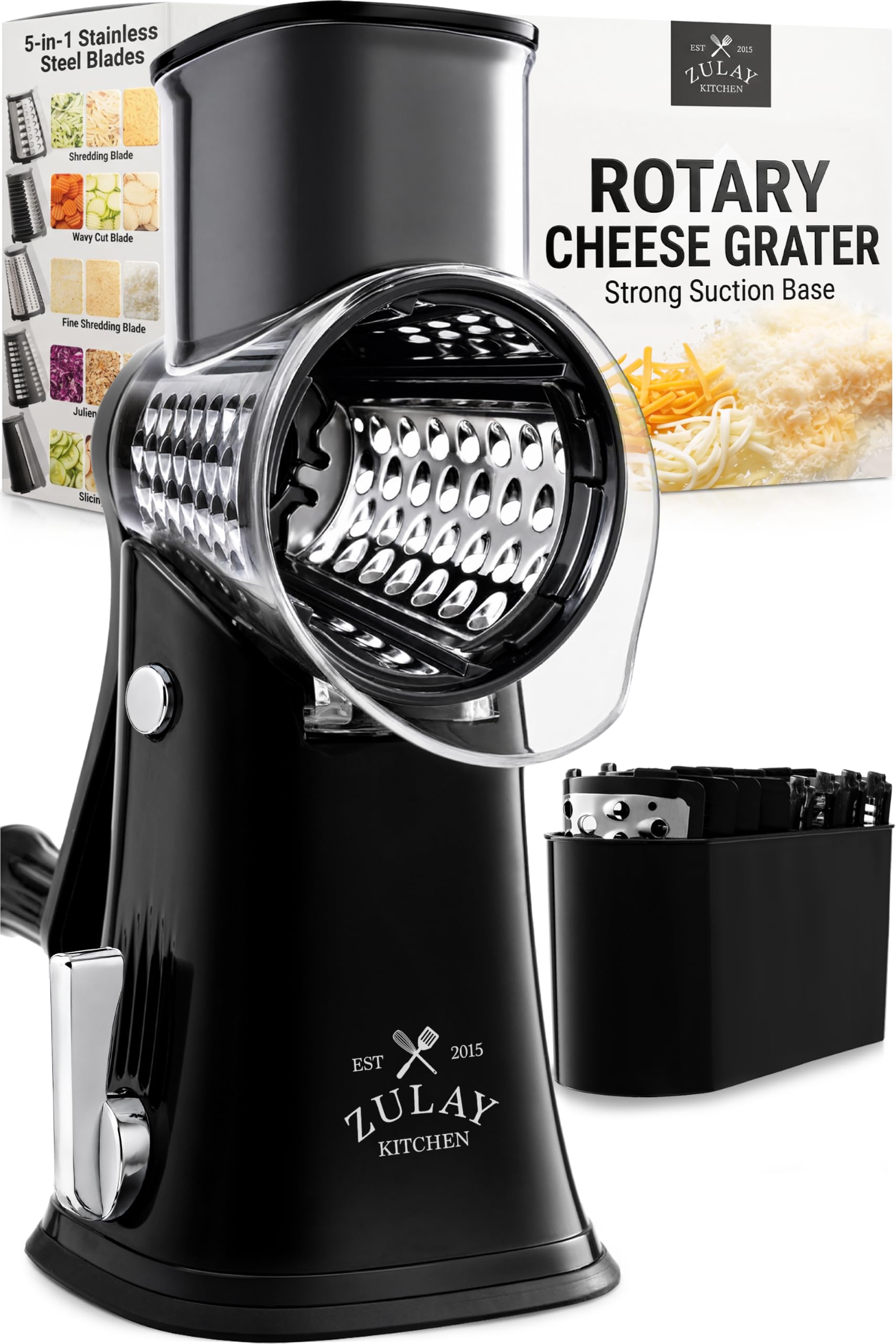 Zulay Kitchen front view of rotary grater shows compact design and easy grip