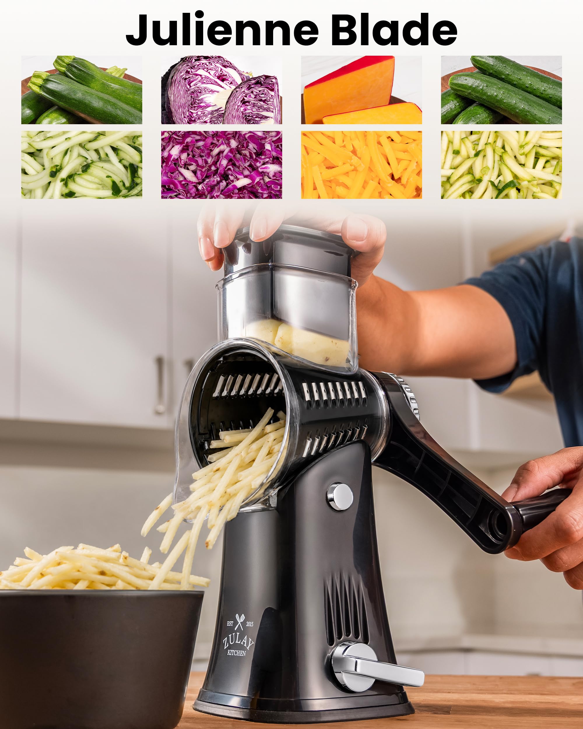 Zulay Kitchen grater in use shredding cheese quickly for faster meal prep