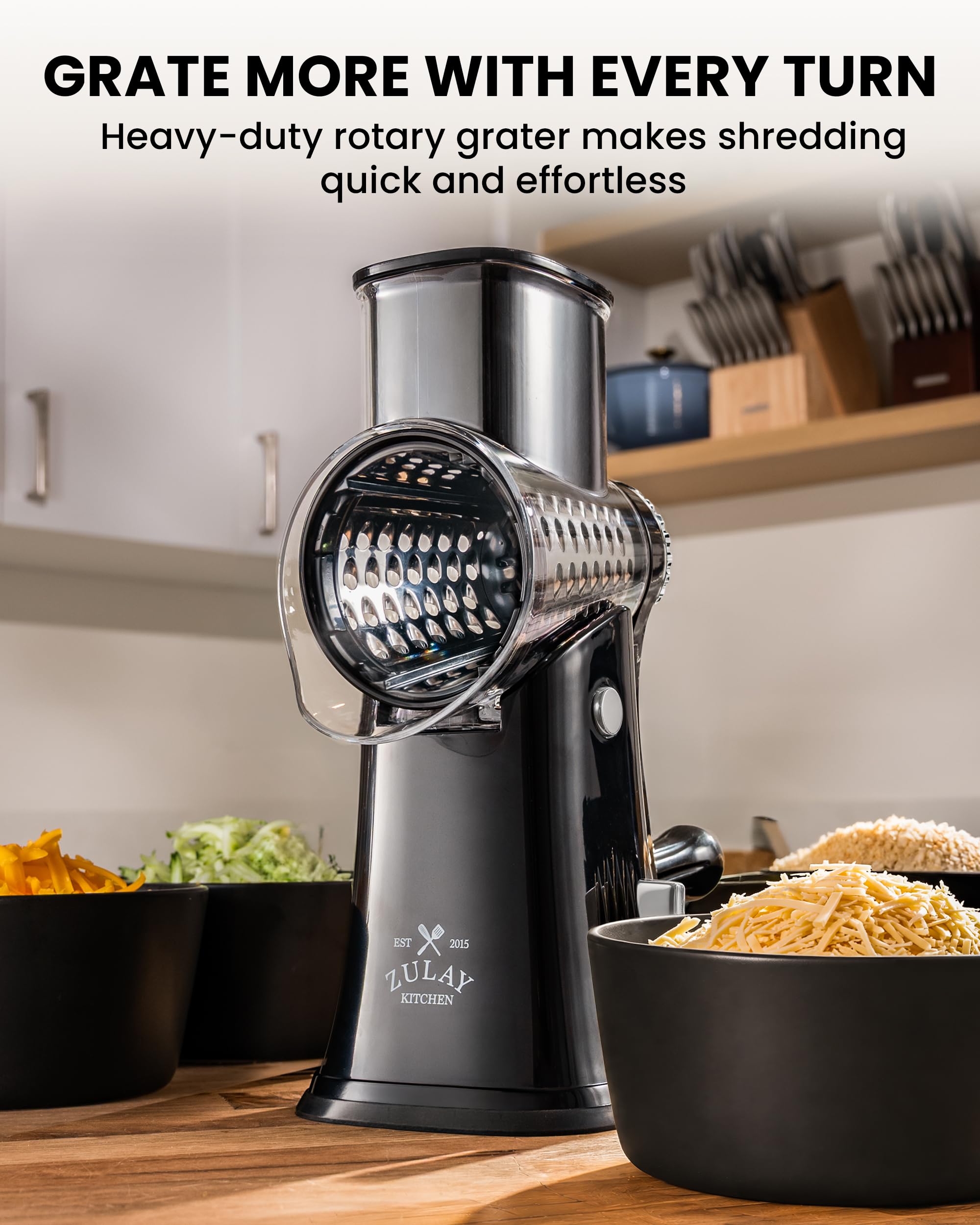 Zulay Kitchen side profile highlighting inclined transparent barrel and handle benefit