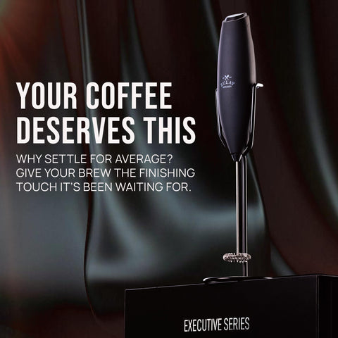 Zulay Kitchen frother beside coffee mug highlighting compact size and easy storage benefit